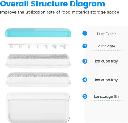 Ice Cube Tray with Lid and Bin, PHINOX 56 pcs Ice Trays for Freezer, Ice Cube Trays for Freezer with 2 trays, Container, Lid & Ice Scoop, BPA Free