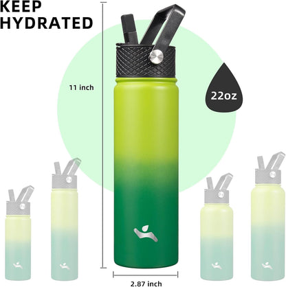Konokyo 22oz Stainless Steel Bottles with 3 Lids Sport Insulated Water Bottle,Mint