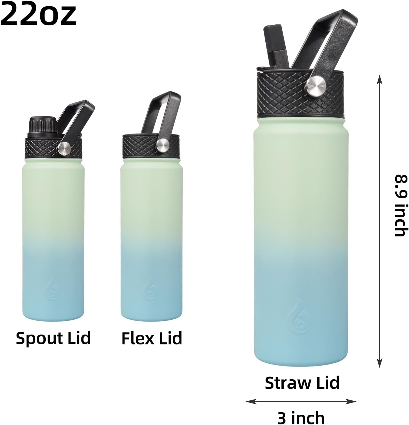 BJPKPK Insulated Water Bottles with Straw Lid, 40oz Stainless Steel Water Bottles with 3 Lids, BPA Free Leakproof Thermo, Tumblers, Cups for Sports, Gym- Midnight - Colors B