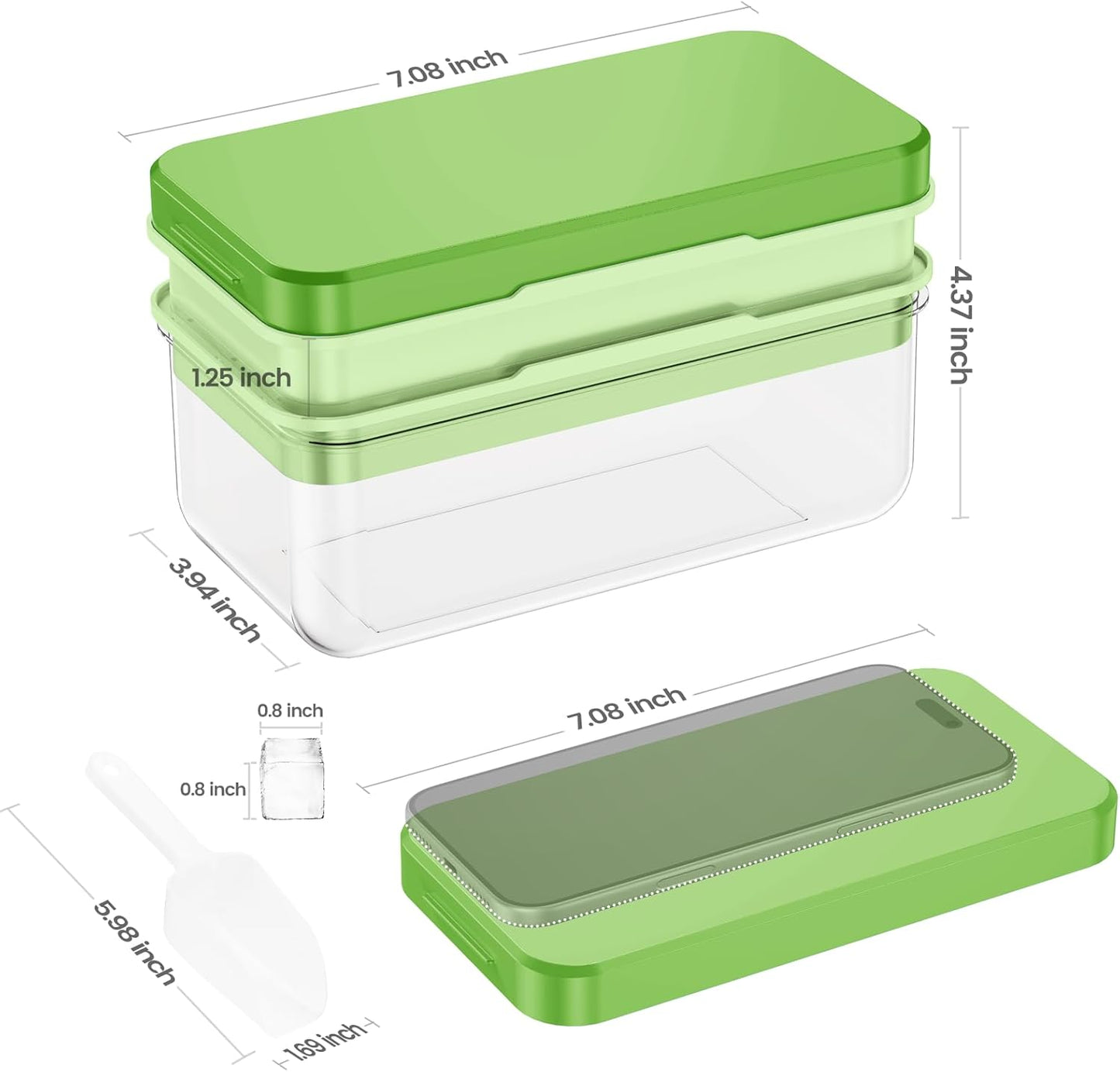 Ice Cube Tray with Lid and Bin, PHINOX 56 pcs Ice Trays for Freezer, Ice Cube Trays for Freezer with 2 trays, Container, Lid & Ice Scoop, BPA Free