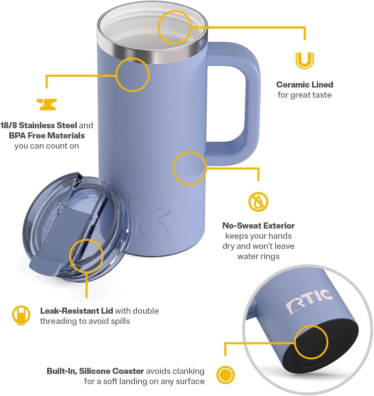 RTIC 20oz Road Trip Travel Mug with Lid and Handle, Ceramic Lined, Insulated, Stainless Steel, Metal, Double Wall Vacuum-Insulation, Portable Coffee, Tea Cup for Hot and Cold Drink, Black