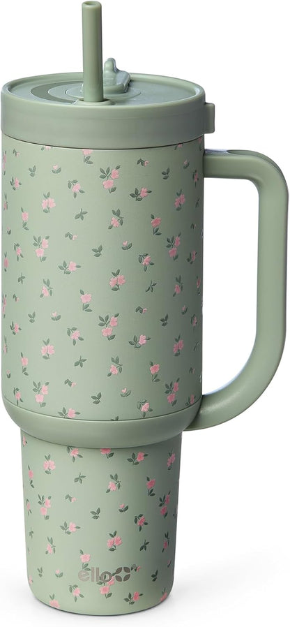Ello Oasis 40 oz Tumbler with Handle & Retracting Straw | Reusable Insulated Stainless Steel Cup 100% Leakproof, Gifts for Teens Women Men | Keeps cold for 24 Hours, Cup Holder Friendly, Daisies
