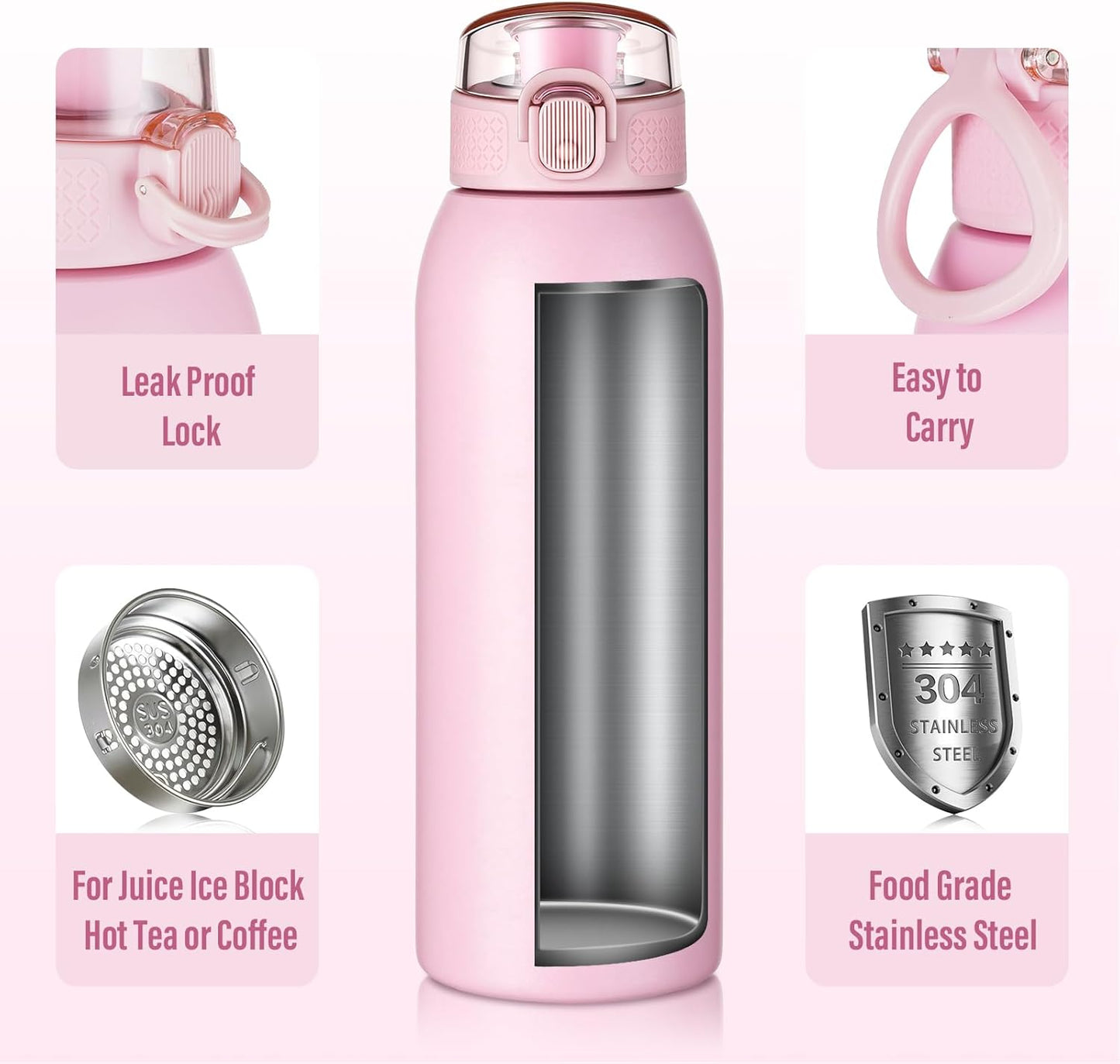 Insulated Water Bottle 24 oz with Dustproof Lid, Carry Handle & Tea Infuser, BPA-Free & Leakproof, Stainless Steel Water Bottles Ideal for Fitness, Hiking, Office & Outdoor Use (Black)