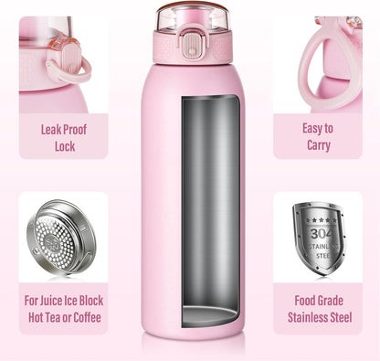 Insulated Water Bottle 24 oz with Dustproof Lid, Carry Handle & Tea Infuser, BPA-Free & Leakproof, Stainless Steel Water Bottles Ideal for Fitness, Hiking, Office & Outdoor Use (Black)