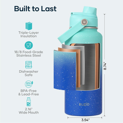 BUZIO 40oz Insulated Water Bottle, Triple Wall Vacuum Stainless Steel Water Flask with 2 lids, Lead-Free BPA-Free Straw Lid Sports Canteen Jug, Cold 48H & Hot 24H- Black - Colors B