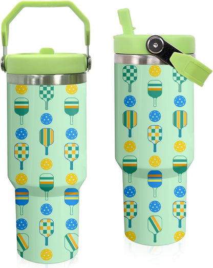 30 oz Tumbler with Handle Flip Straw Leak Proof - Pickleball Mug 30oz Tumbler Travel Coffee Mug with Handle - Birthday Gifts for Women Pickleball Lovers Players 30 Ounce Stainless Steel Cup