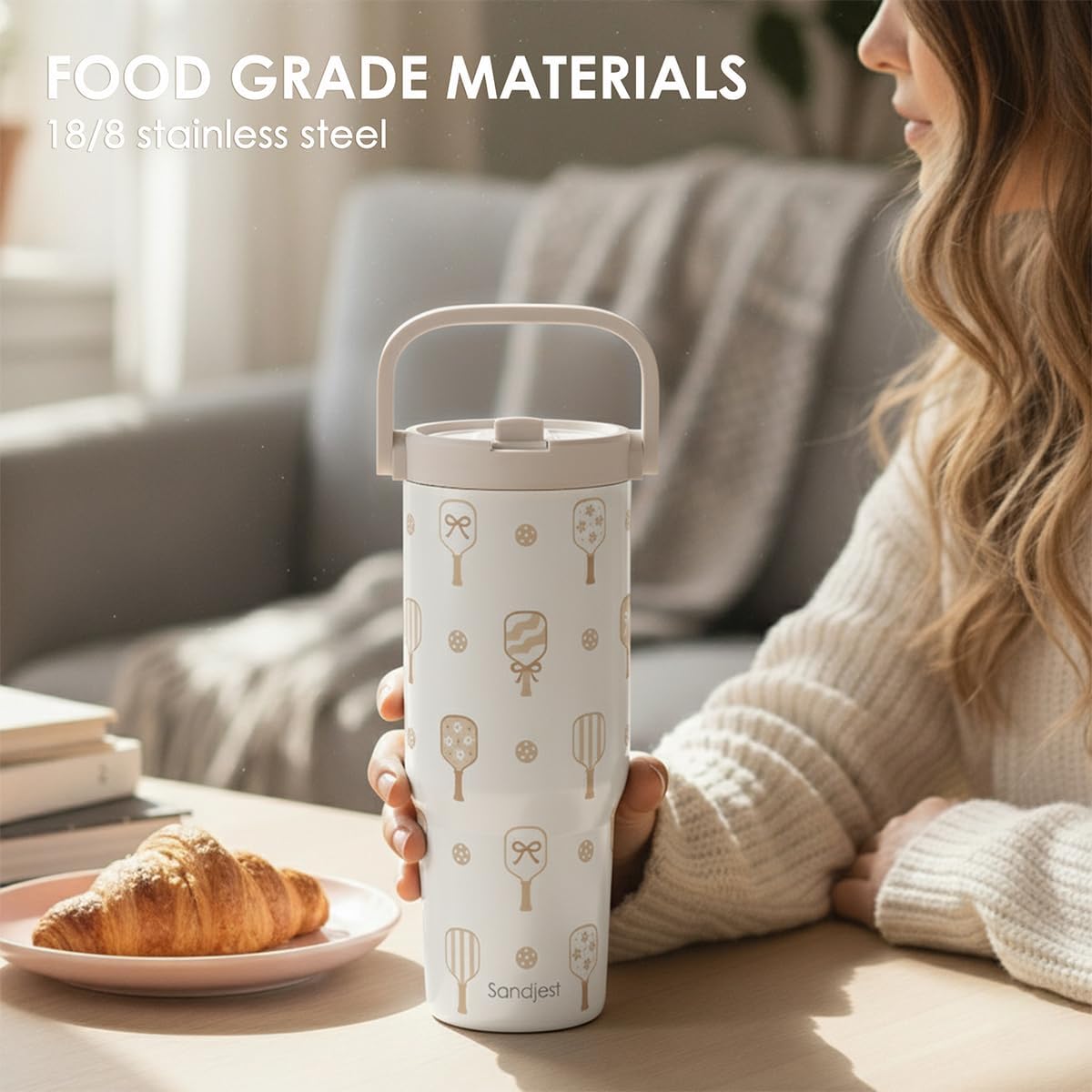 SANDJEST Leopard Skin Stainless Steel Straw Lid Tumbler 30oz with Carry Handle for Women Girls, Insulated Travel Coffee Cup, Gift for Sports Outdoor Workout Christmas Birthday (Beige)
