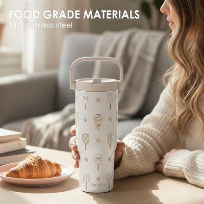 SANDJEST Leopard Skin Stainless Steel Straw Lid Tumbler 30oz with Carry Handle for Women Girls, Insulated Travel Coffee Cup, Gift for Sports Outdoor Workout Christmas Birthday (Beige)