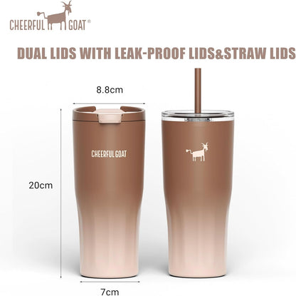 CHEERFUL GOAT Ceramic Lined Coffee Travel Tumbler - Stainless Steel Travel Mug with Ceramic Liner and Lid, 21 OZ Cup for Hot and Cold Beverages at Home or on the Go (Latte Ombre)