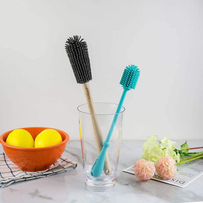 Silicone Bottle Brush Set with Wooden Handle - Silicone Brush & Straw Cleaner for Hydro Flask, Sports Bottle, Glassware