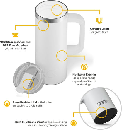 RTIC 20oz Road Trip Travel Mug with Lid and Handle, Ceramic Lined, Insulated, Stainless Steel, Metal, Double Wall Vacuum-Insulation, Portable Coffee, Tea Cup for Hot and Cold Drink, Black