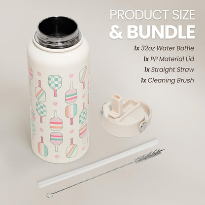 SANDJEST Pickleball Gift for Women, Water Bottle Stainless Steel 32oz with Lid & Straw, Sport Insulated Bottles Gifts for Girls Friends Teens Birthday Christmas