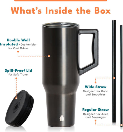 Elemental 32 oz 100% Leak Proof Tumbler with Handle & Straw - Stainless Steel Double Wall Insulated Tumbler for Hot and Cold Beverages - Travel Coffee Mug with Sip & Straw Lid - White - Colors B