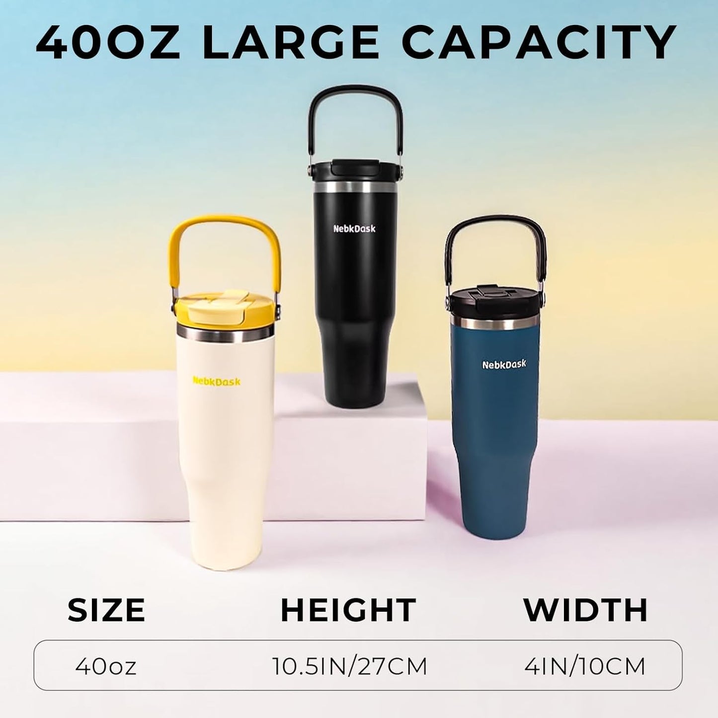 40 oz Insulated Stainless Steel Bottle with 2-in-1 Straw and Spout Lid, Water Bottle with Carry Handle Keep Cold 24H, Leak-Proof, Fits in Car Cup Holder, Travel, and School（off-White）