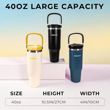 40 oz Insulated Stainless Steel Bottle with 2-in-1 Straw and Spout Lid, Water Bottle with Carry Handle Keep Cold 24H, Leak-Proof, Fits in Car Cup Holder, Travel, and School（off-White）