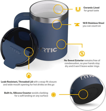 RTIC 12oz Essential Mug with Lid and Handle, Ceramic Lined, Insulated, Stainless Steel, Metal, Double Wall Vacuum-Insulation, Portable, Travel Cup for Hot and Cold Drink, Beach