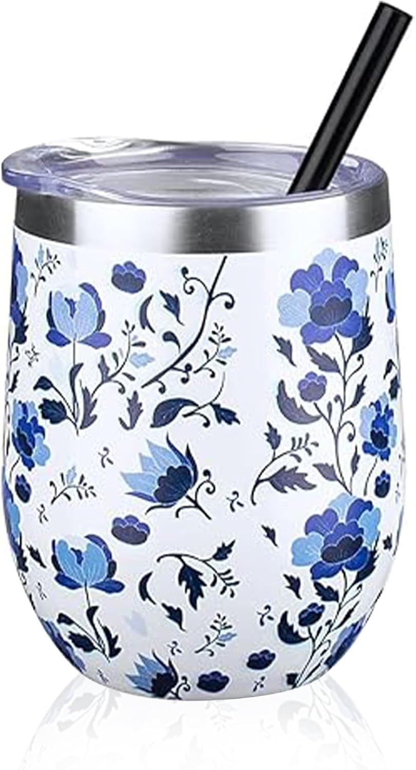 12 oz Insulated Wine Tumbler with Lid and Straw,Stainless Steel Stemless Wine Tumbler Glasses Double Wall Vacuum Wine Cups Tumbler for Coffee,Champaign,Cocktail,Office（Silver,1）