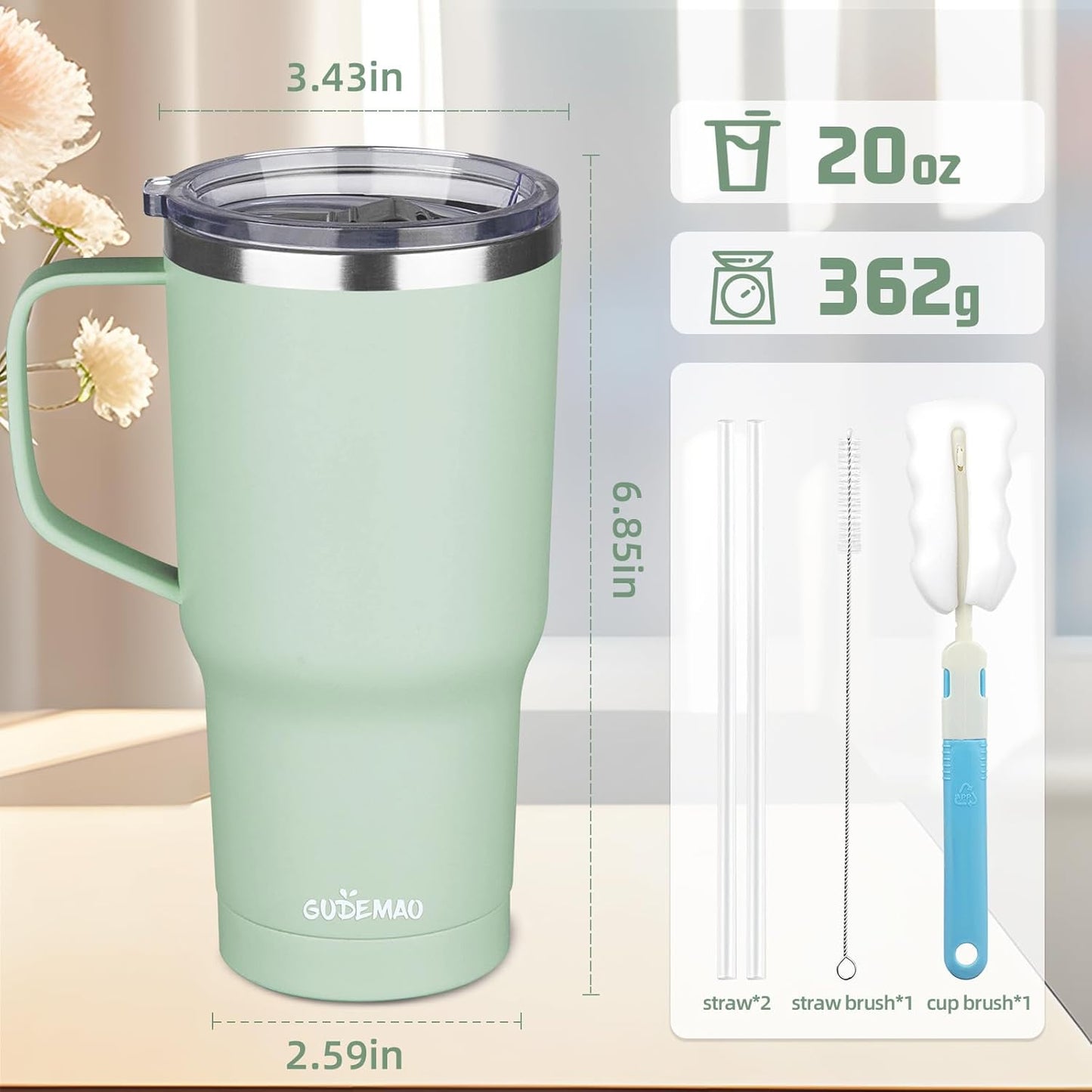 20 oz Insulated Coffee Mug with Ceramic Coating, Stainless Steel Travel Mug Tumbler with Handle Lid and Straw, Double Wall Leak-Proof Coffee Travel Mug Keeps Drink Hot and Cold (Black)