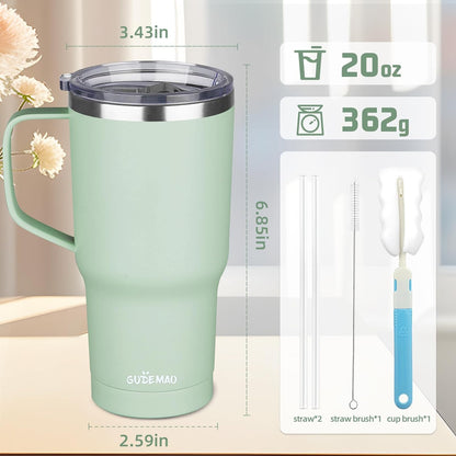 20 oz Insulated Coffee Mug with Ceramic Coating, Stainless Steel Travel Mug Tumbler with Handle Lid and Straw, Double Wall Leak-Proof Coffee Travel Mug Keeps Drink Hot and Cold (Black)