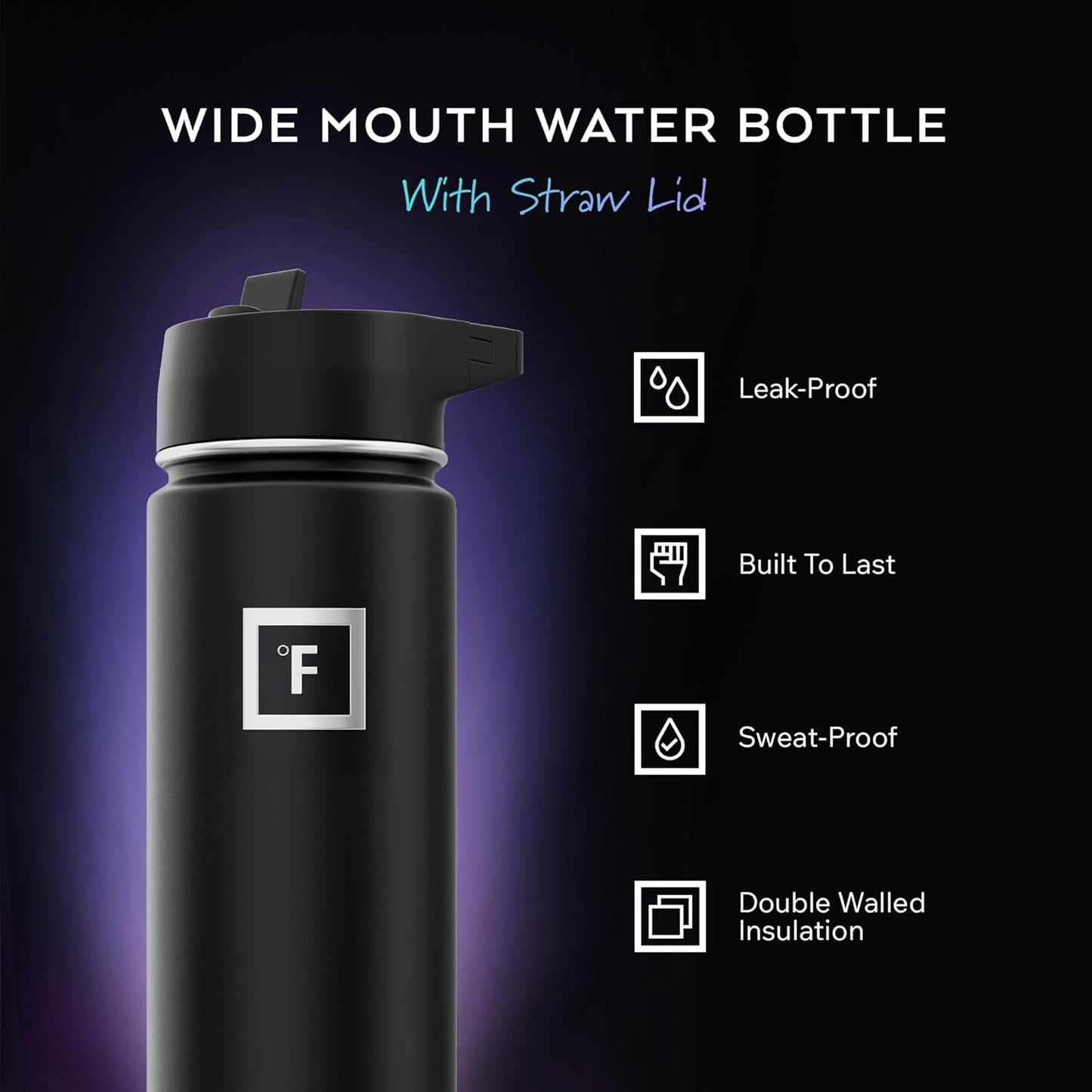 IRON °FLASK Camping & Hiking Hydration Flask with Straw, Wide Mouth Insulated Stainless Steel Sports Water Bottle - 22 oz Aurora