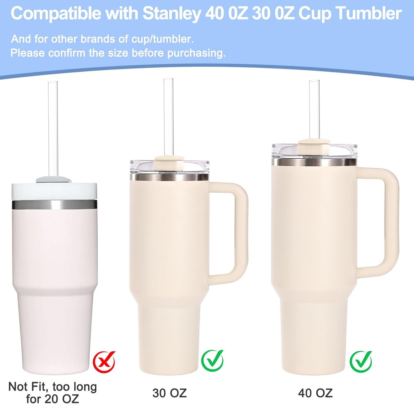 [12 Pcs] Replacement Glass Straws for Stanley - Compatible with Stanley 40 oz 30 oz Cup Tumbler,12" x 10mm Reusable Clear Glass Straw with 2 Cleaning Brush for Cup Accessories