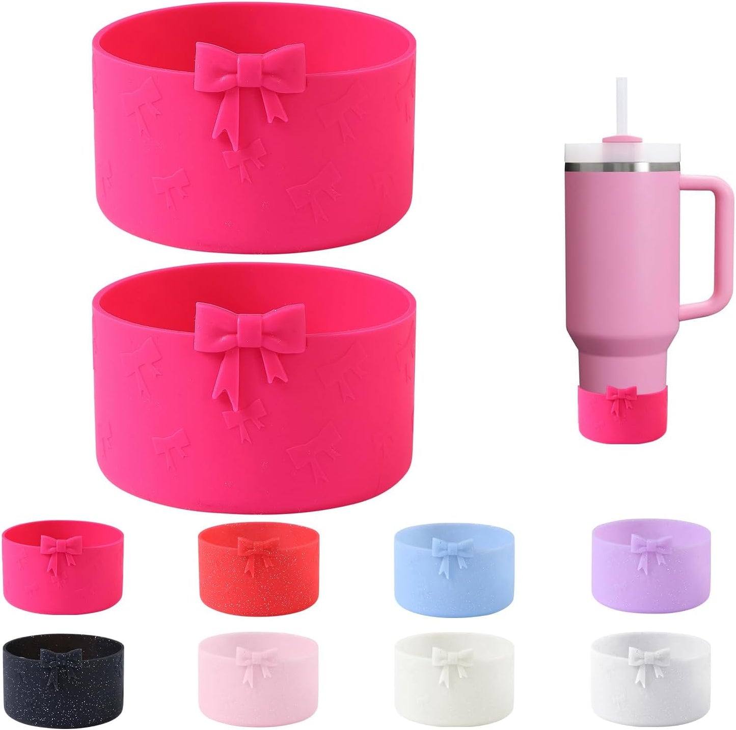 2PCS Bow Silicone Boot for Stanley Quencher Tumbler 30oz 40oz & IceFlow 20oz 30oz& Hydro Flask Water Bottle 12-24 oz Protective Bottom Sleeve Cover for Stanley Cup Accessories& Owala 24oz