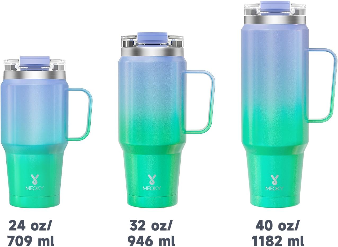 Meoky 32oz Tumbler with Handle, Stainless Steel Travel Mug with 2-in-1 Straw and Sip Lid, Vacuum Insulated Coffee Mug, 100% Leak Proof, Keeps Cold for 24 Hours or Hot for 8 Hours (Sky)