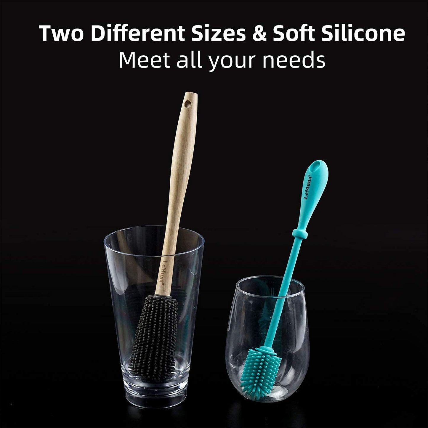 Silicone Bottle Brush Set with Wooden Handle - Silicone Brush & Straw Cleaner for Hydro Flask, Sports Bottle, Glassware