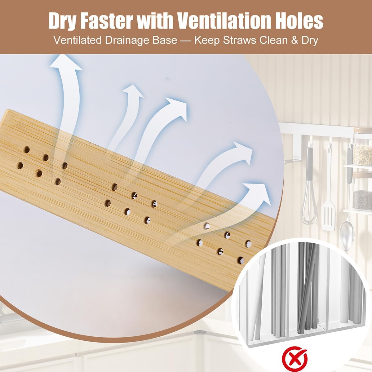 PEKER Straw Organizer for Cabinet Door, Peel and Stick Straw Holder with 5 Sections, Fast-Drying Ventilated Storage Rack for Reusable, Smoothie and Boba Straws