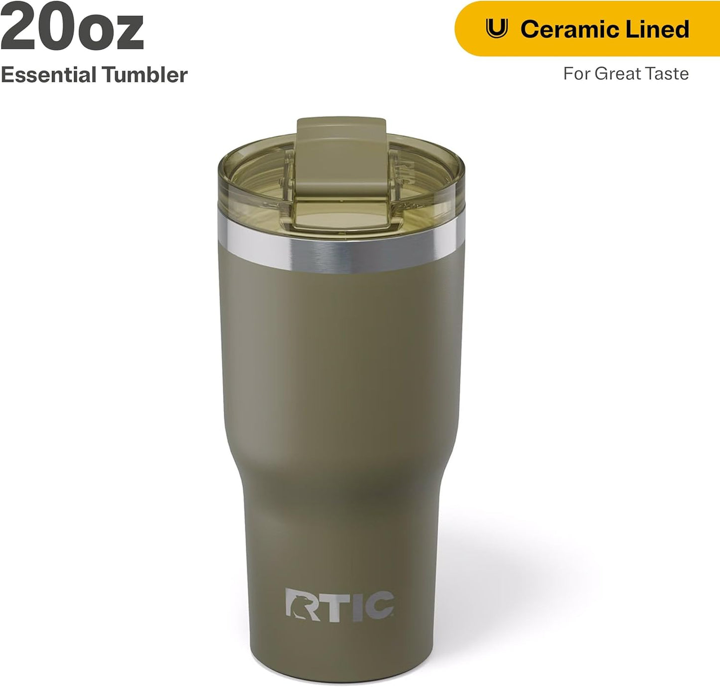 RTIC 20oz Essential Tumbler with Lid, Ceramic Lined, Insulated, Stainless Steel, Metal, Double Wall Vacuum-Insulation, Travel Cup for Iced Coffee, Tea, Hot and Cold Drink, Graphite