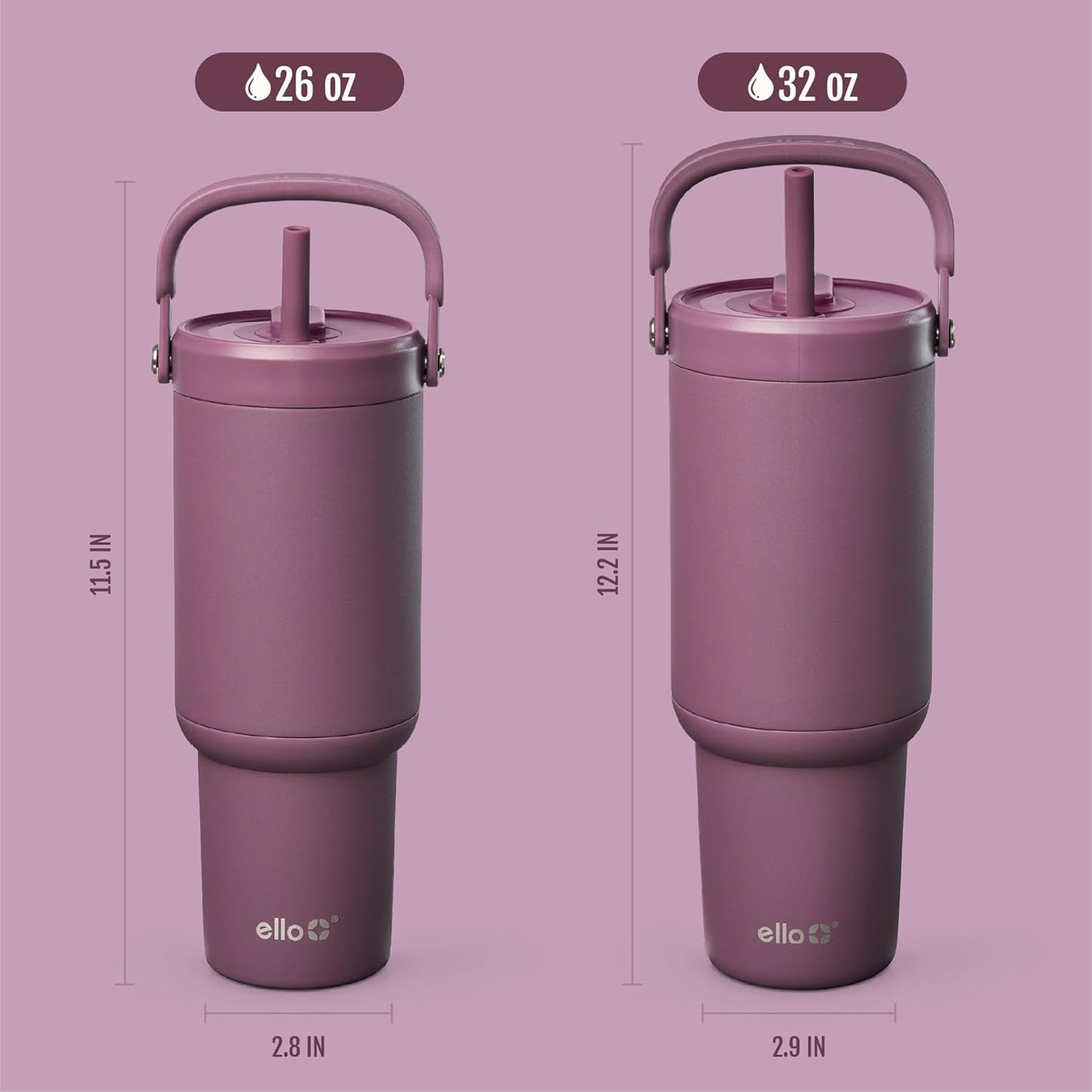 Ello Oasis Go+ 26oz Tumbler with Top Handle and Retracting Straw | Reusable Insulated Stainless Steel Cup, 100% Leakproof Water Bottle, 24 Hours Cold, Cup Holder Friendly For Travel | Wild Rasberry