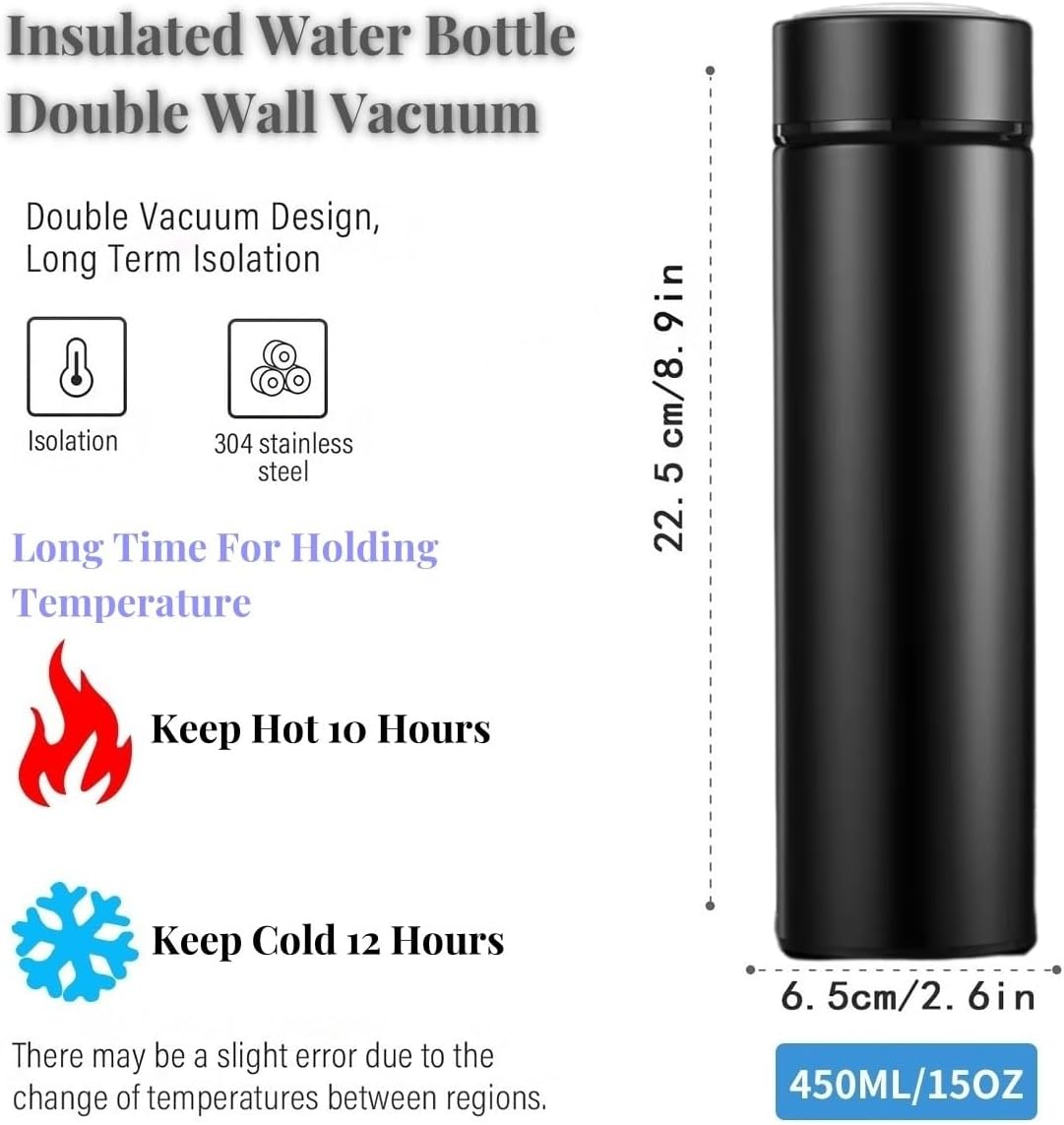 Insulated Water Bottles- Vacuum Tumbler for Coffee, Tea and Drinks with Stainless Steel Infuser - 15 oz Tea Thermo Travel Bottle/Keeps Drinks Hot or Cold for Hours/Gift Packing (Silver)