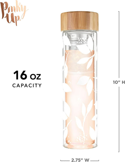 Pinky Up Blair Travel Tea Infuser Mug, Double Walled Insulated Travel Tumbler with Loose Leaf Tea Strainer, Travel Coffee Mug, Keeps Drinks Hot or Cold, 16 oz, White Leaf