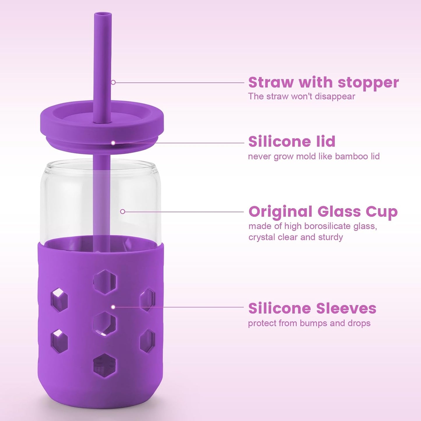 Mrsdry Glass Cups with Lids and Straws (4 Pcs), 16oz Drinking Glasses Set with Silicone Sleeves for Coffee Bar Accessories Iced Coffee Cups with Lids, Glass Tumbler Reusable for Gifts