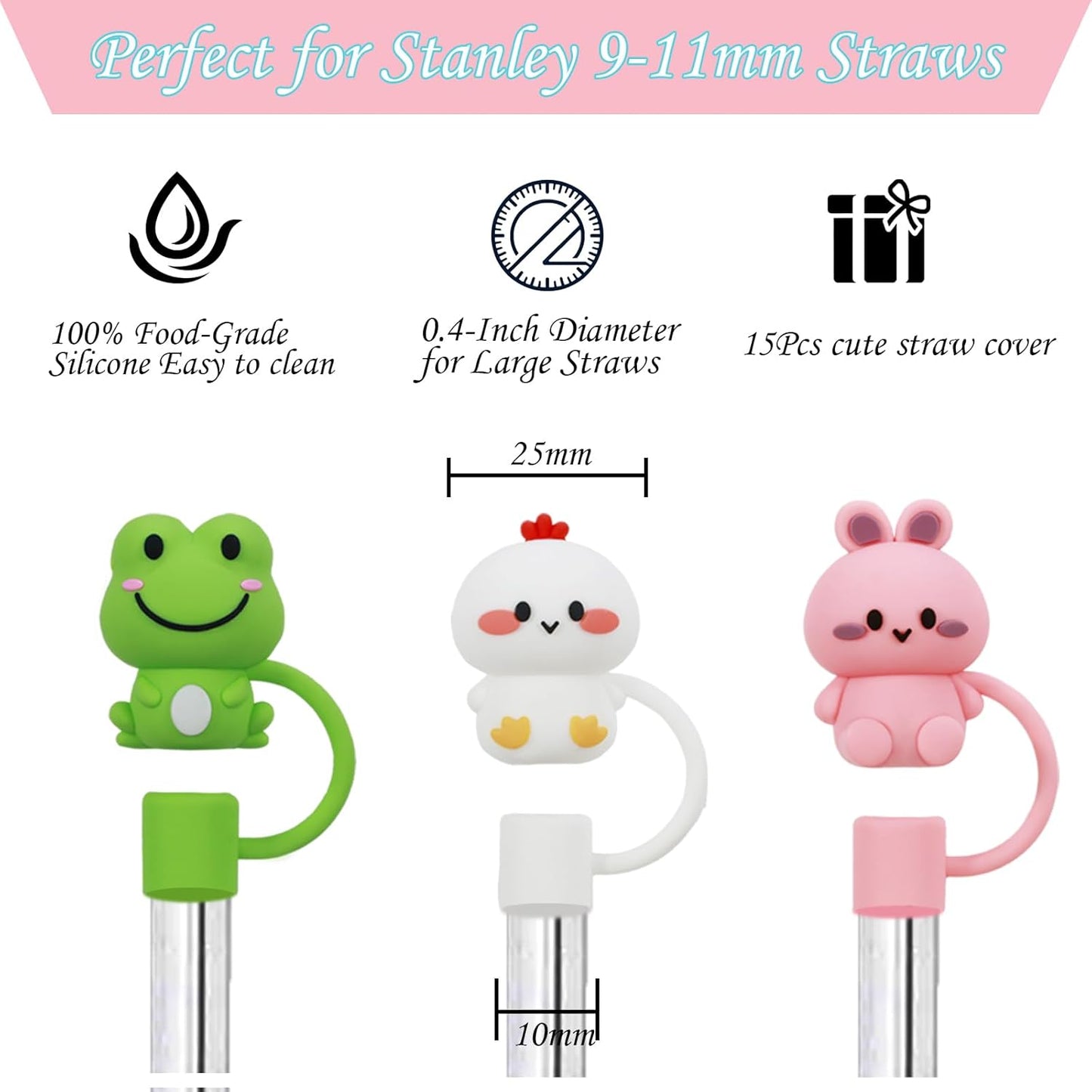 15Pcs Straw Toppers for Stanley Cup, Silicone 10mm Straw Cover Cap for Stanley 30 40oz Tumblers, Reusable Lid Accessories