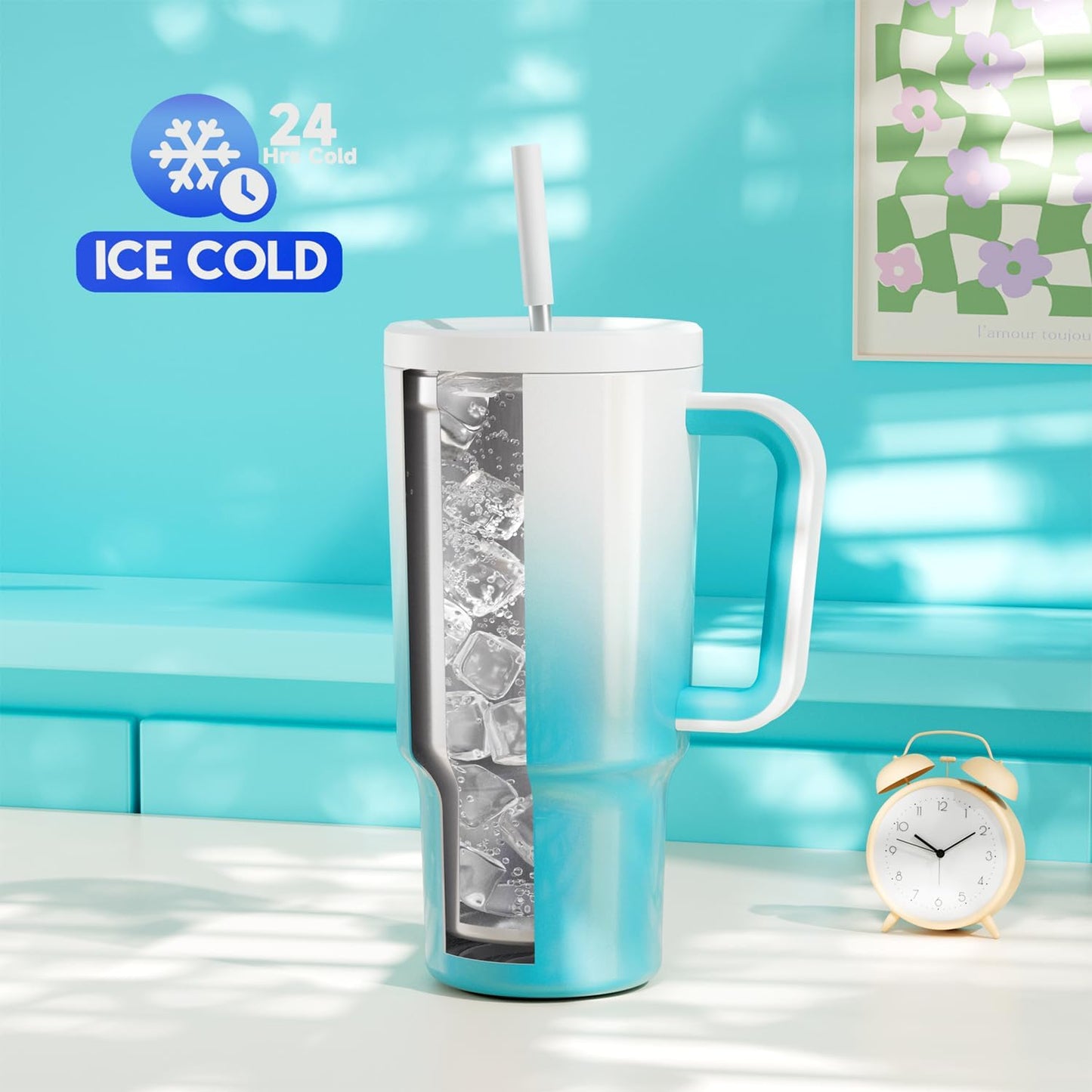 Meoky 40 oz Tumbler with Handle and Straw: Stainless Steel Insulated Tumbler with Lid and Straw - 100% Leak Proof Tumbler for Car Cup Holders - Travelers Commuters Workers, Donut