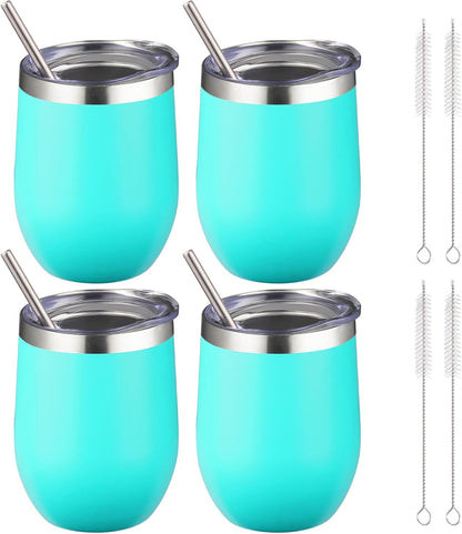 12 oz Insulated Wine Tumbler with Lid and Straw,Stainless Steel Stemless Wine Tumbler Glasses Double Wall Vacuum Wine Cups Tumbler for Coffee,Champaign,Cocktail,Office（Silver,1）