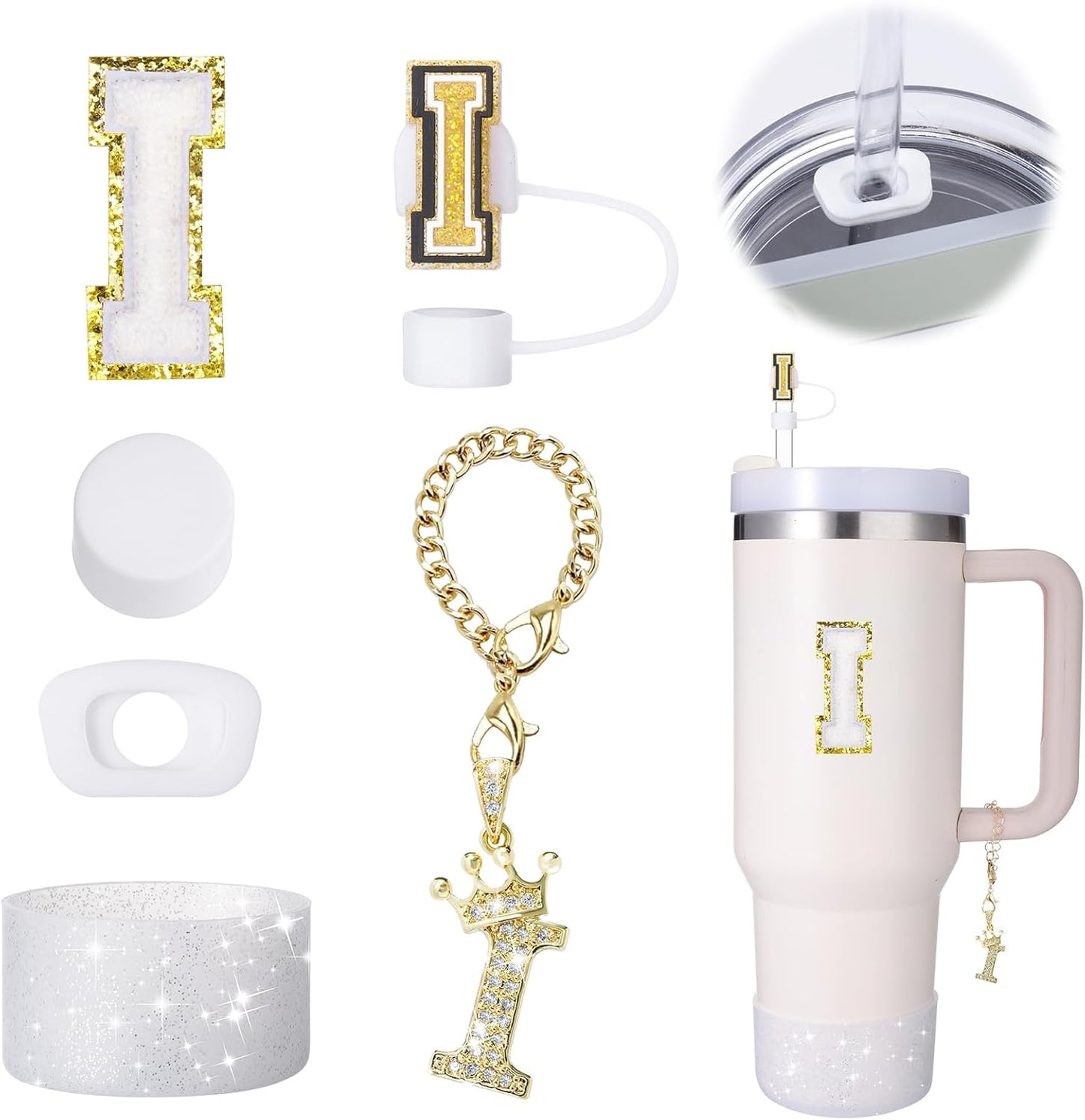 Mity Rain 6pc Cup Accessories Set for Stanley 30 oz & 40 oz Tumbler with Handle, Including Straw Cover Cap, Cup Initials Charm, Silicone Boot, Round & Square Spill Proof Stopper