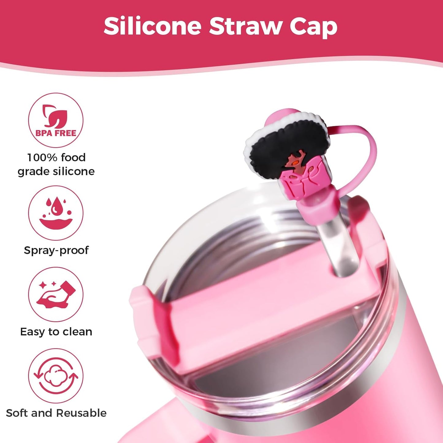 6PCS Pink Black Girl Straw Covers for Stanley Cup，Cute Silicone Straw Topper for 10mm Drinking Straw Tip Covers Stanley Cup Accessories