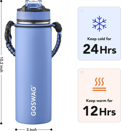 GOSWAG Insulated Sports Water Bottle, 24oz 2 Lids(with Straw/No Straw), Stainless Steel Water Bottles with Paracord Handle, Insulated Bottle with Double-Wall Vacuum Insulation