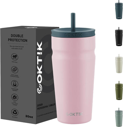 COKTIK 24oz Insulated Tumbler with Lid and Straw Iced Coffee Cup Reusable Stainless Steel Travel Mug Water Bottle Cupholder Friendly for Women Men Her Him (Blush)