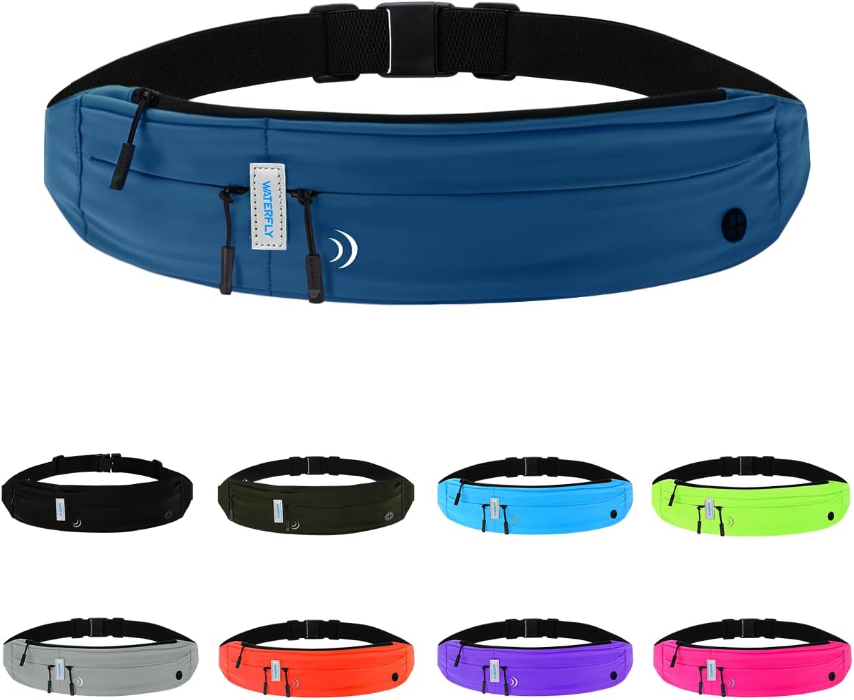 WATERFLY Running Belt Fanny Pack: Runner Marathon Jogging Waist Pack Sport Workout Exercise Fitness Phone Holder Belt for Men Women Jogger Slim Waist Bag Black