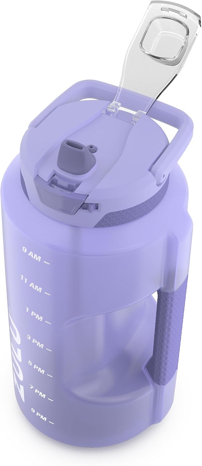 ZULU Goals 64oz Half Gallon Plastic Water Bottle with Straw and Time Marker | Large Reusable Jug with Handle and Leak Proof Lid for All Day Hydration, Gym and Outdoors, Gift Ready, Violet