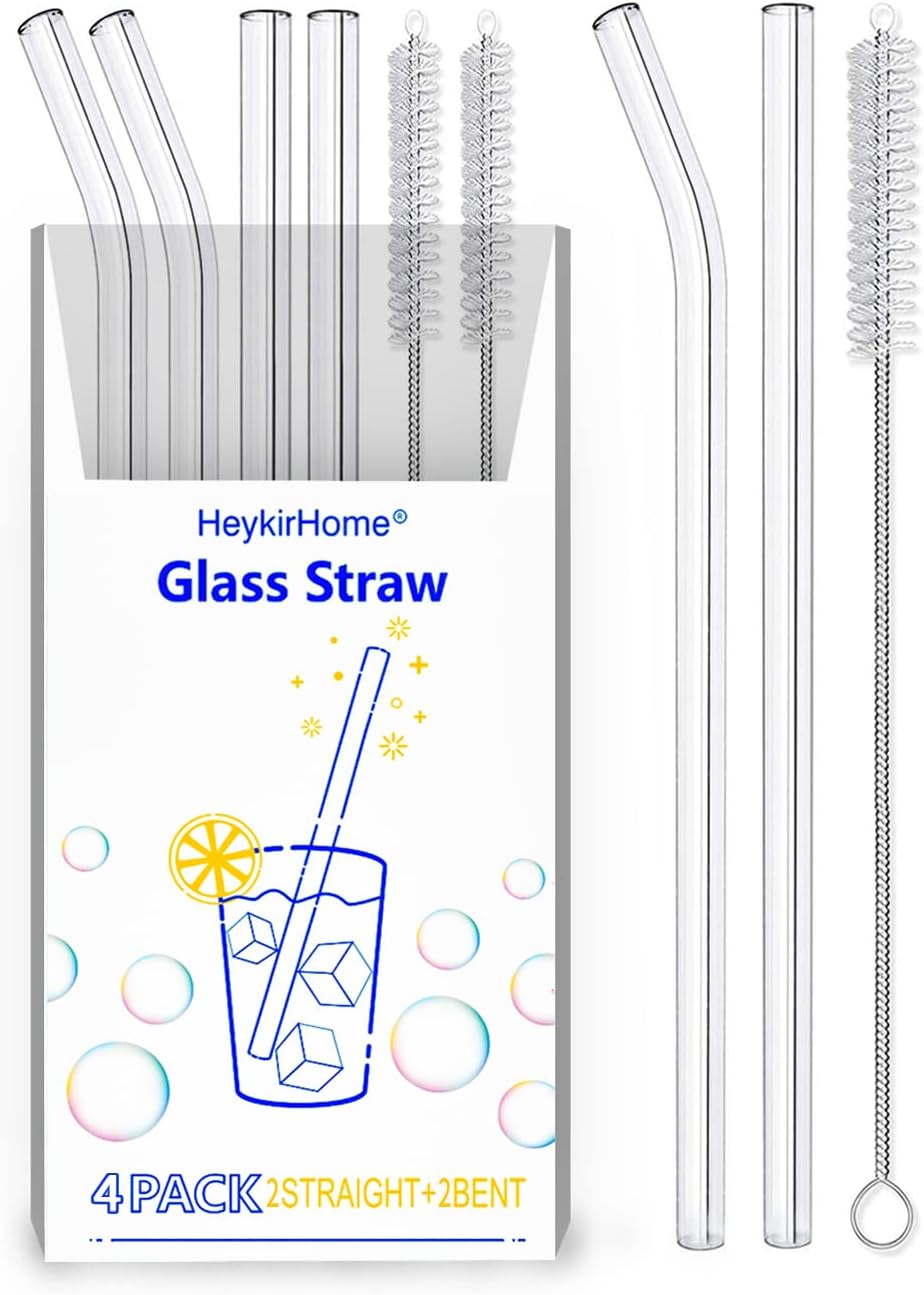 HeykirHome 4-Pack Reusable Glass Straw, Size 8.5''x10 MM,Including 2 Straight and 2 Bent with 2 Cleaning Brush- Perfect For Smoothies, Tea, Juice