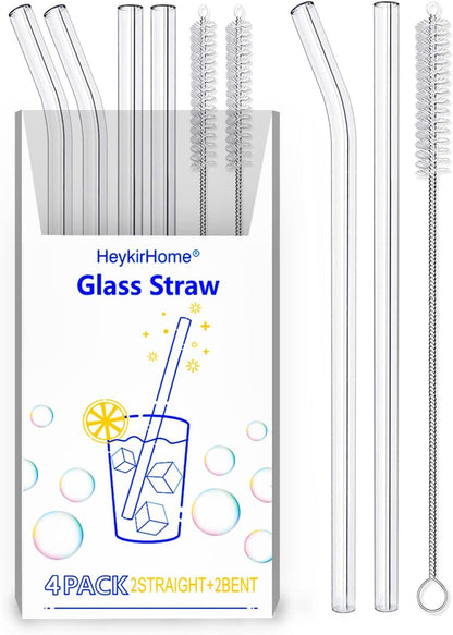 HeykirHome 4-Pack Reusable Glass Straw, Size 8.5''x10 MM,Including 2 Straight and 2 Bent with 2 Cleaning Brush- Perfect For Smoothies, Tea, Juice
