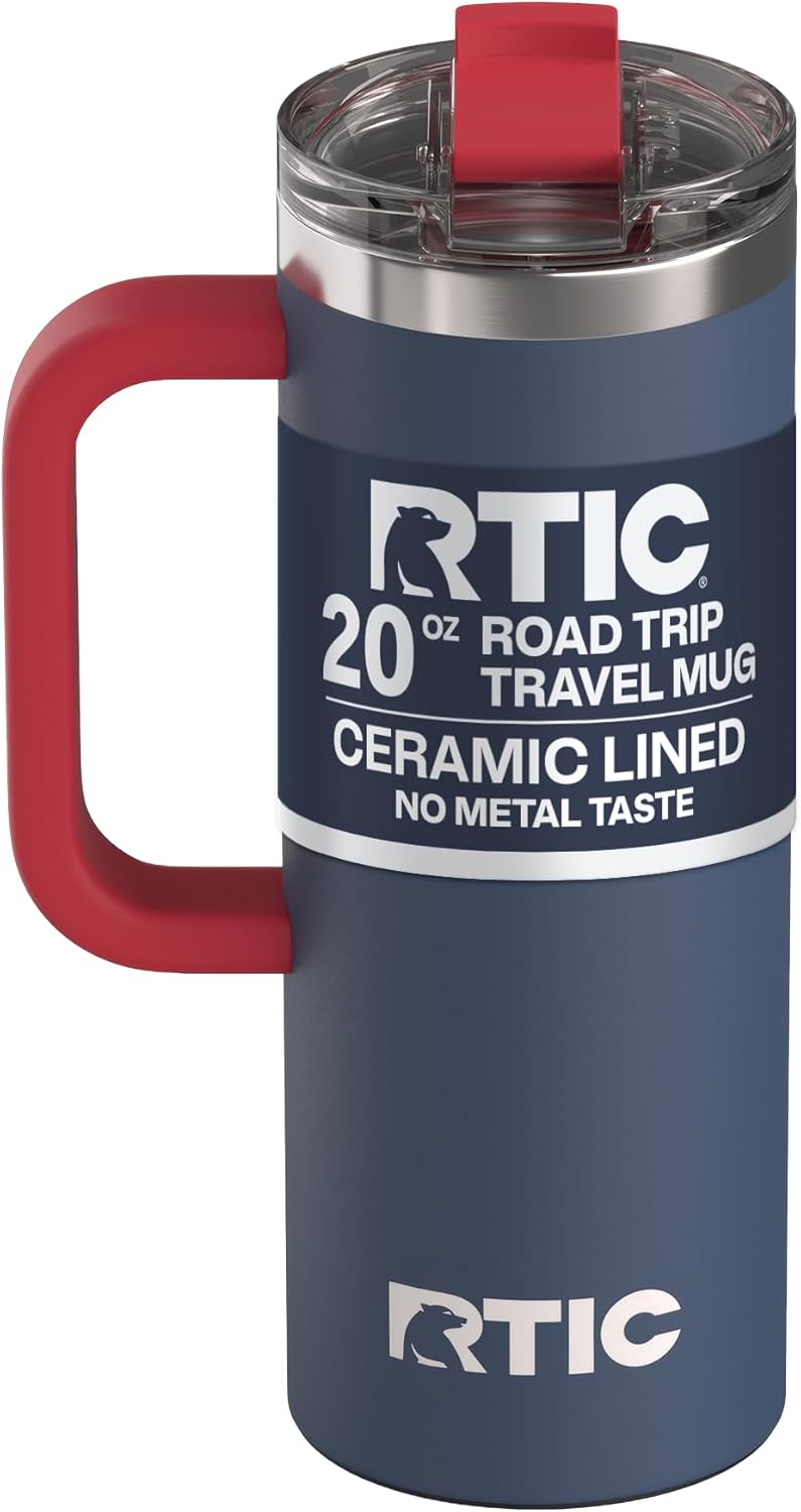 RTIC 20oz Road Trip Travel Mug with Lid and Handle, Ceramic Lined, Insulated, Stainless Steel, Metal, Double Wall Vacuum-Insulation, Portable Coffee, Tea Cup for Hot and Cold Drink, Black