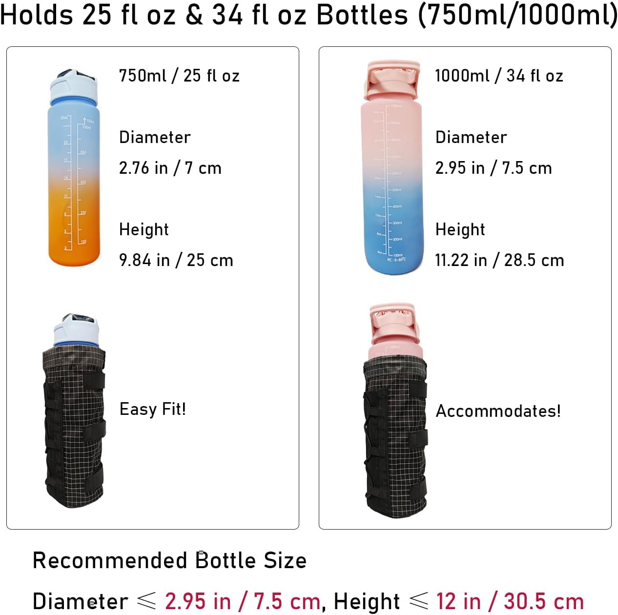 Extended-Height Ultralight Shoulder Strap Water Bottle Holder – Fits 20-34oz Bottles | Heavy-Duty Backpack Accessory for Hiking, Travel, Cycling & Running