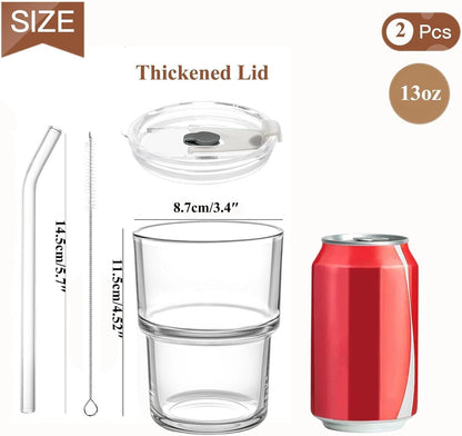 Ribbed Glass Tumbler with Lid and Straws, Resuable Ice Coffee Cups, To Go Iced Coffee Cups for Water, Smoothie, Matcha, Iced Tea Fruit Juice, Clear, 13oz, Set of 2