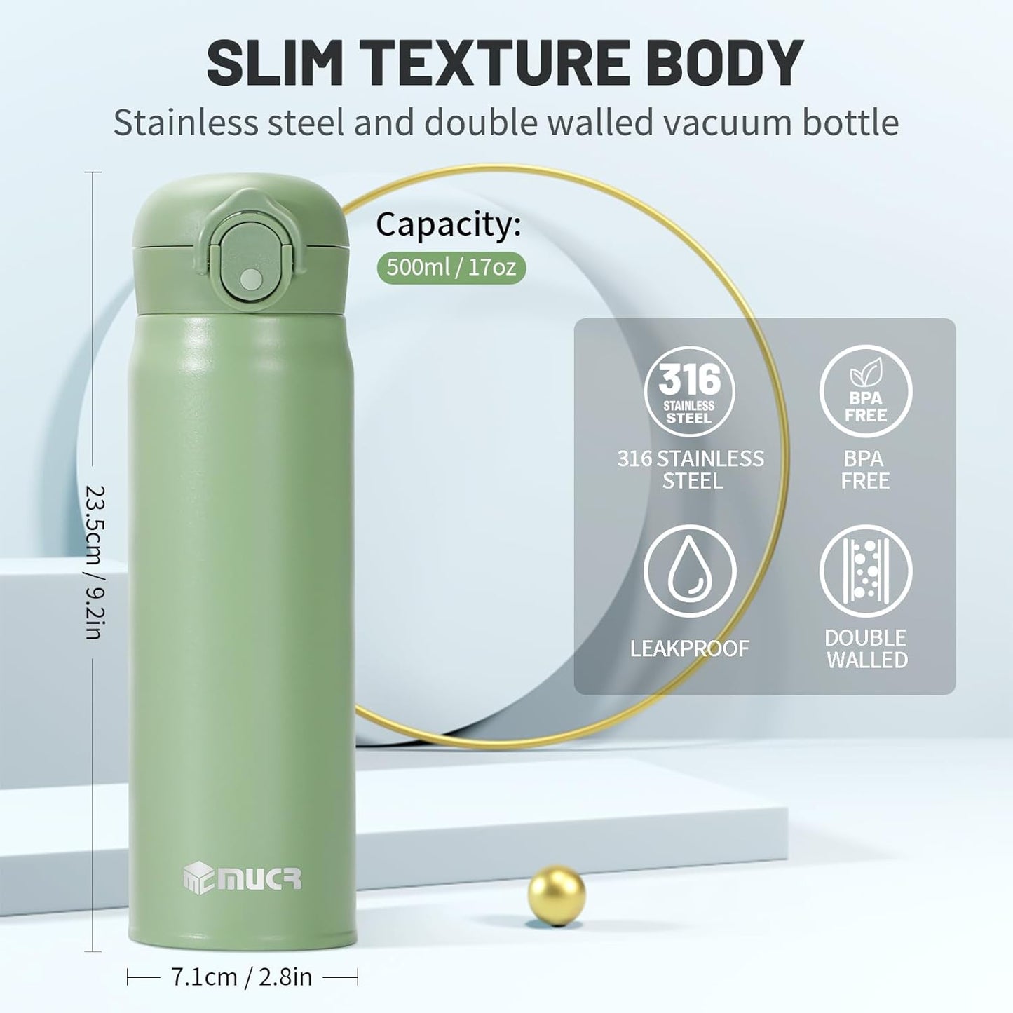 17 oz / 500 ml Insulated Water Bottle, Stainless Steel Thermo Coffee Travel Mug, Thermal Cup with Snap Flip Lid, BPA Free for Hot and Cold Drinking, Black
