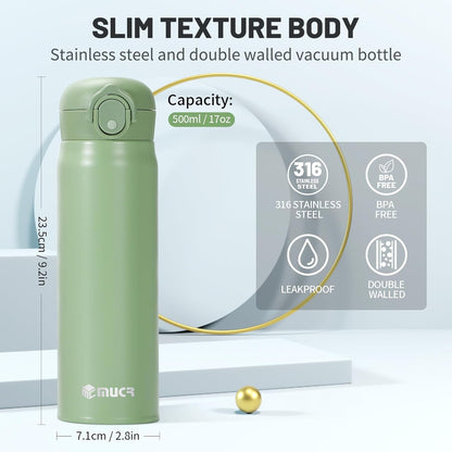 17 oz / 500 ml Insulated Water Bottle, Stainless Steel Thermo Coffee Travel Mug, Thermal Cup with Snap Flip Lid, BPA Free for Hot and Cold Drinking, Black
